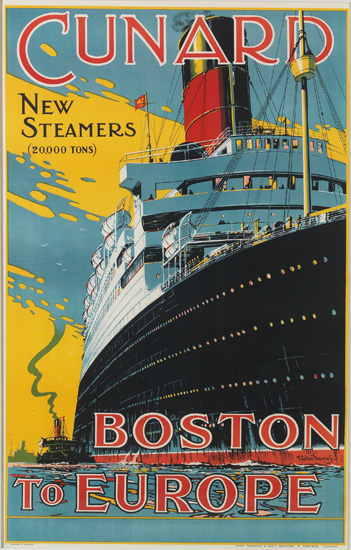 WALTER THOMAS (1894-1971). CUNARD / BOSTON TO EUROPE. Circa 1930. 39x24 inches, 99x62 cm. James Haworth & Bro. Ltd., London.